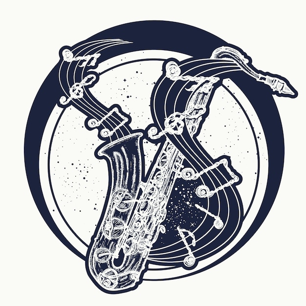 Vector saxofón y notas musicales