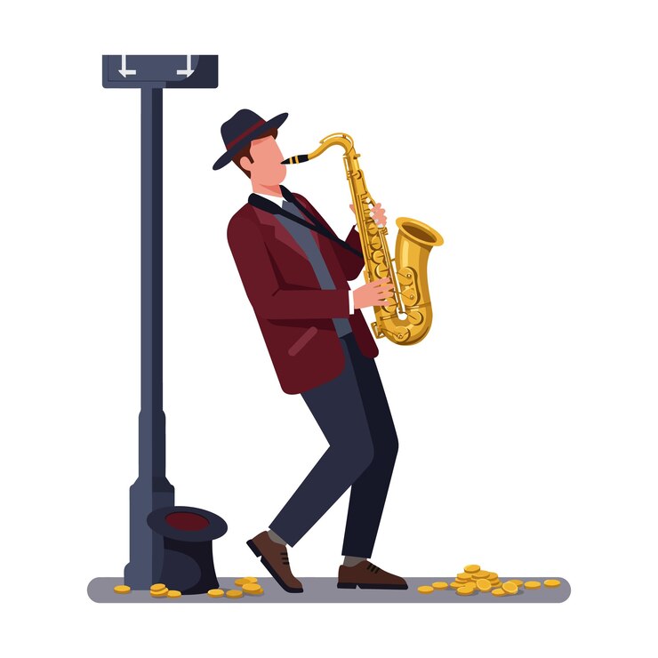 Vector saxofonista actuando en la calle bajo la luz de la calle con monedas en el suelo ilustración vectorial