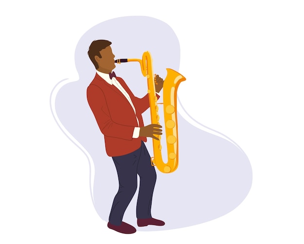Saxofonista con un instrumento. Músico de jazz afroamericano.