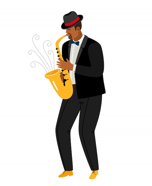 Vector el saxofonista de jazz toca el saxofón aislado en blanco