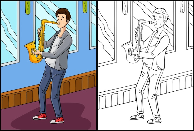 Saxofonista Página Para Colorear Ilustración Coloreada