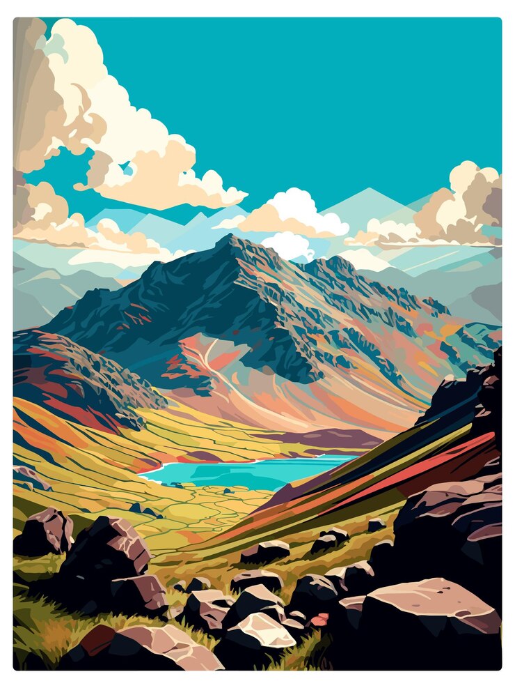Vector scafell pike inglaterra vintage travel poster recuerdo postal retrato pintura wpa ilustración