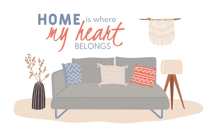 Vector scandic acogedor apartamento de sala de estar amueblado en estilo hygge de moda composición interior elegante con almohadas de sofá y patrón macrame perfecto para postales de redes sociales y concepto vectorial de póster