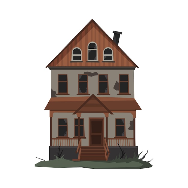 Vector scary abandoned house halloween haunted two storey building with broken windows vector illustration on white background