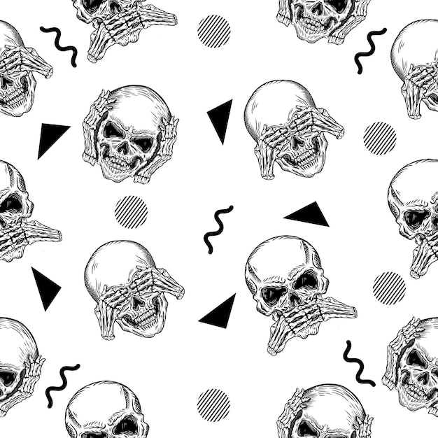 Scary hombre cabeza cráneo de patrones sin fisuras objeto negro fondo de pantalla en blanco