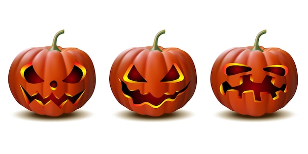 Scary jack o lantern calabaza de halloween con luz de velas en el interior, conjunto de calabazas de halloween en vector con diferentes caras para iconos y decoraciones aisladas sobre fondo blanco. ilustración vectorial.