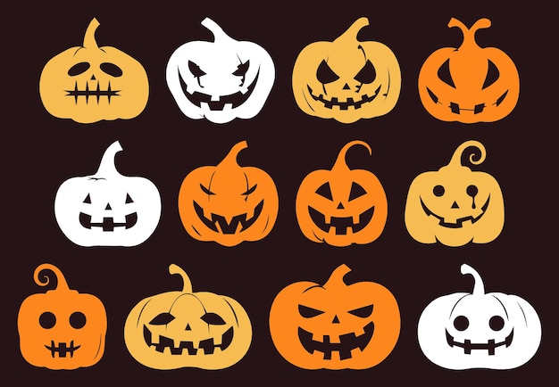 Scary Jackolantern Collection Vector Silhouette Calabazas con varias emociones Ilustraciones de Halloween aisladas en un fondo sólido Perfecto para fiestas espeluznantes y decoración de octubre