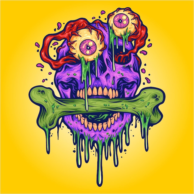 Scary zombie eyeball skull head ilustraciones