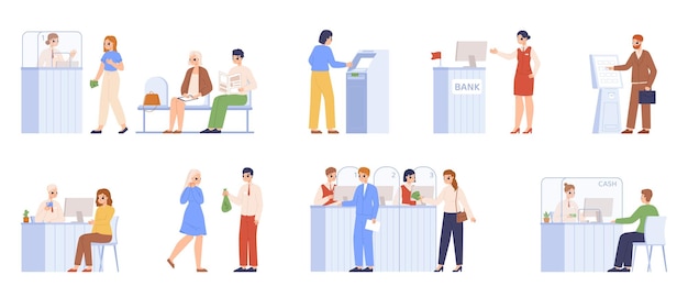 Scenas de información bancaria y servicio al cliente Consultor de clientes y cajero en el mostrador y el cajero automático Clientes de la oficina bancaria Conjunto vectorial cómodo