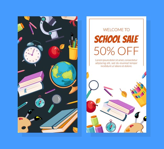 Vector school sale special offer flyer template with school supplies seamless pattern leaflet menu coupon banner poster cartoon vector illustration