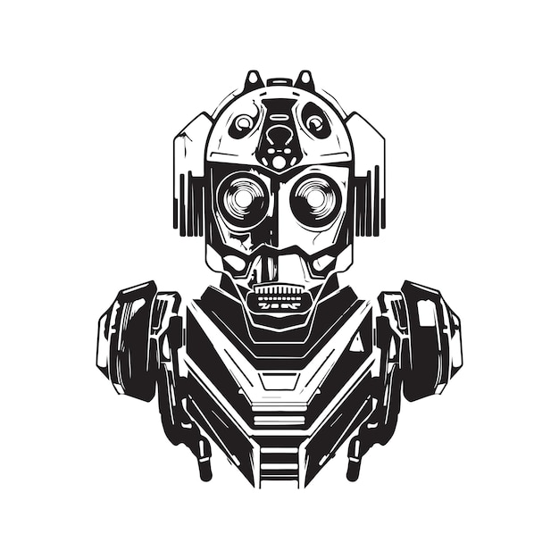 Sci fi robot vintage logo línea arte concepto blanco y negro color dibujado a mano ilustración