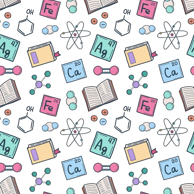 Science education concept seamless pattern Vector background of chemistry doodles for school