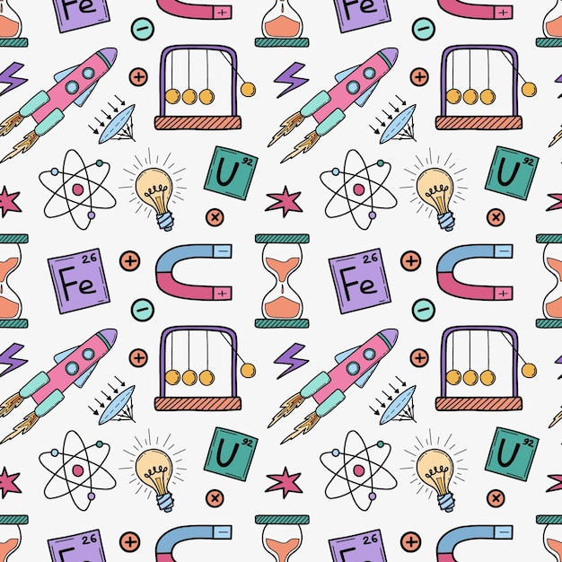 Science education doodle elements seamless pattern Physics concept