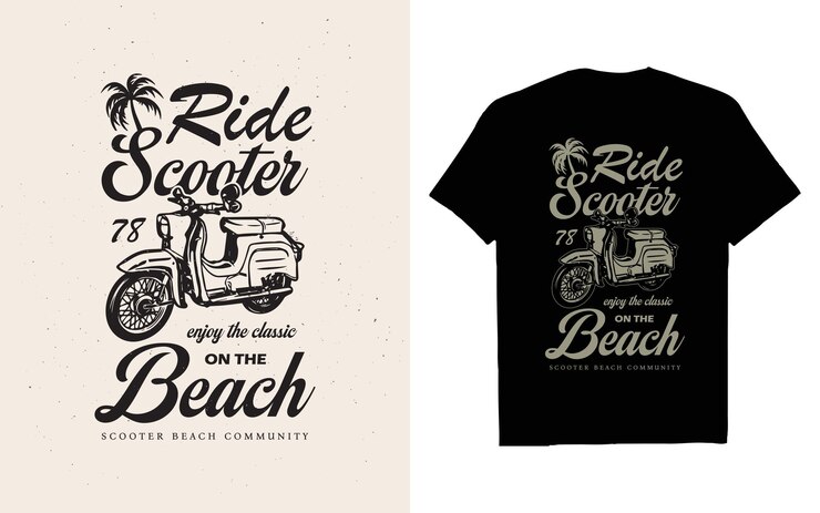 Scooter Disfruta del clásico paseo en la playa scooter camiseta diseño vectorial scooters viejos fondo blanco negro póster motocicleta vintage ilustración con efecto grunge