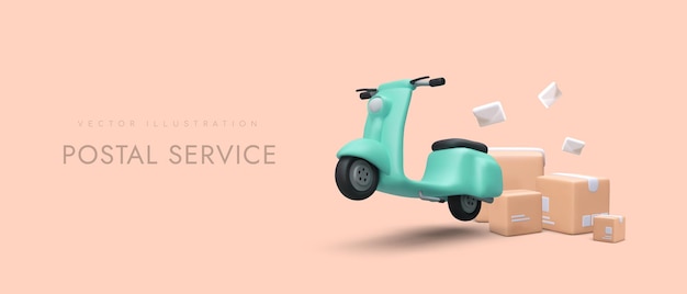 El scooter eléctrico tiene prisa por entregar el paquete Ilustración realista del servicio de mensajería Muchas cajas y cartas Entrega de direcciones Concepto de vector de color de transporte expreso