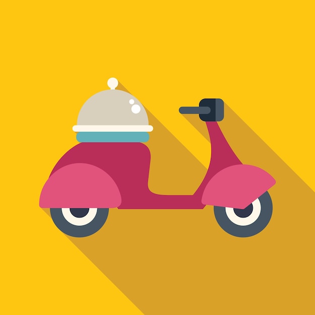 Scooter de entrega rosado que lleva una bandeja de comida con cubierta en fondo amarillo