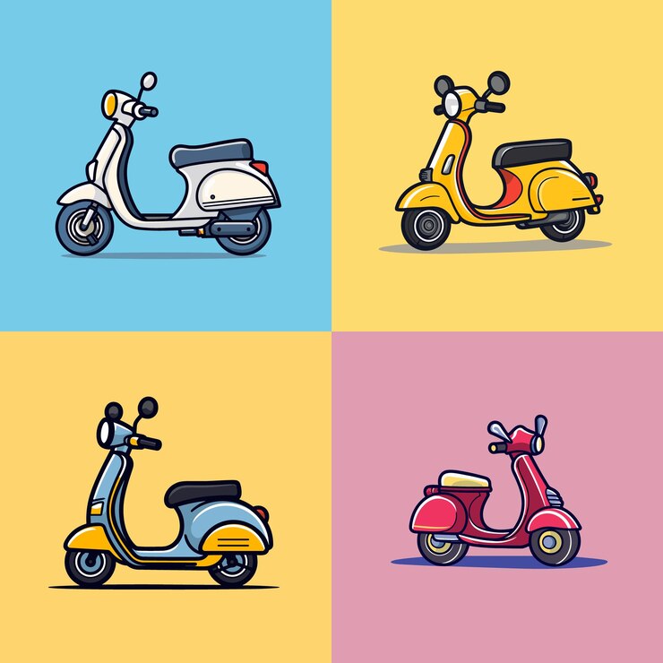 Scooter motocicleta vehículo de dibujos animados icono vectorial ilustración del logotipo mascota dibujo animado plano