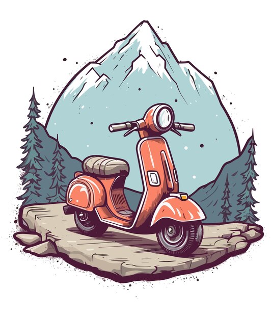 Vector scooter rojo en el fondo de una montaña.