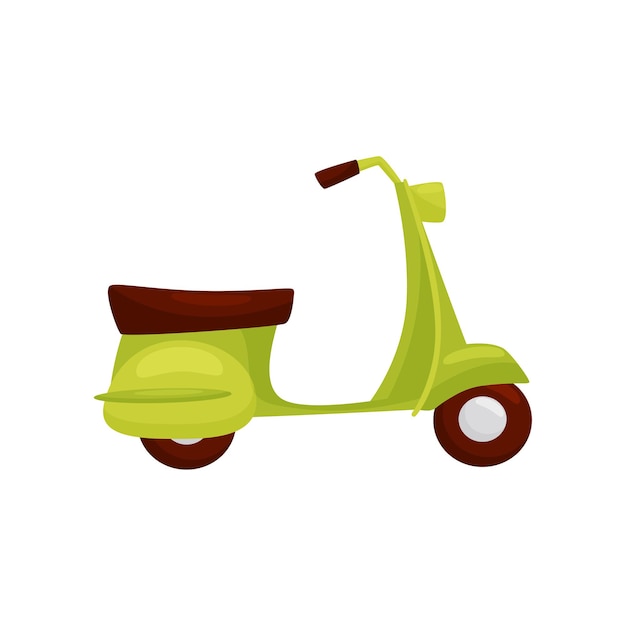 Scooter verde brillante con vista lateral del asiento marrón Transporte popular en Vietnam Vehículo de motor abierto de dos ruedas Diseño vectorial de dibujos animados Ilustración colorida en estilo plano aislado sobre fondo blanco