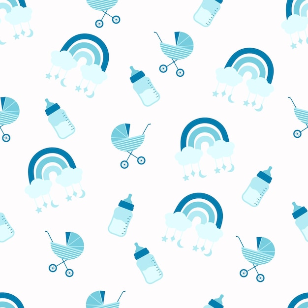 Scrapbook patrones de ducha de bebé azul transparente Impresión linda con botella de leche de carro de bebé y arco iris
