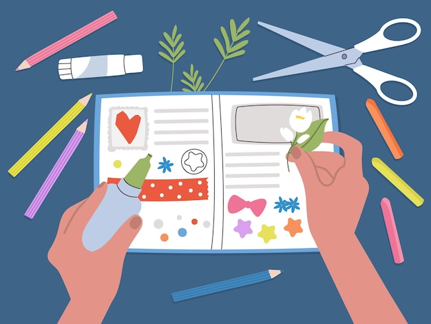 Scrapbooking hobby diario hecho a mano con elementos cortados en papel Niño haciendo DIY decorar cuaderno corazones flores lápices de color Taller infantil de vector decente