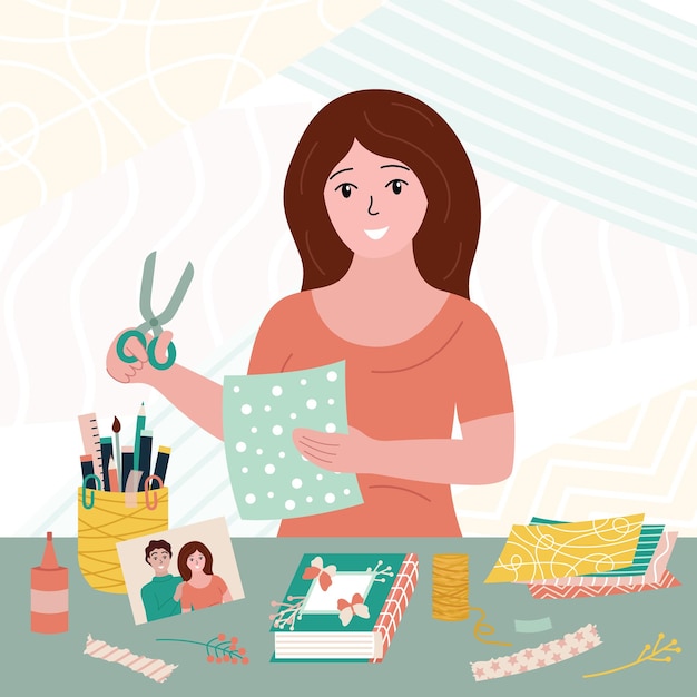 Scrapbooking hobby Mujer con suministros artesanales Taller de álbumes de recortes Cosas de decoración hechas a mano Niña sonriente con tijeras cortando papel artesanal decorando álbum de libros en la mesa Ilustración vectorial plana