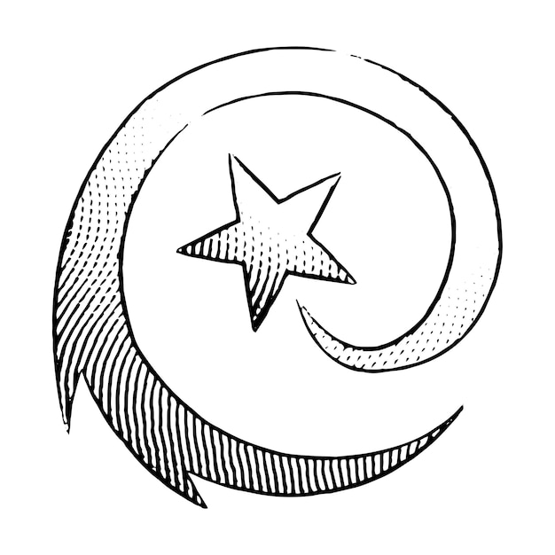 Vector scratchboard grabado icono de estrella fugaz redonda