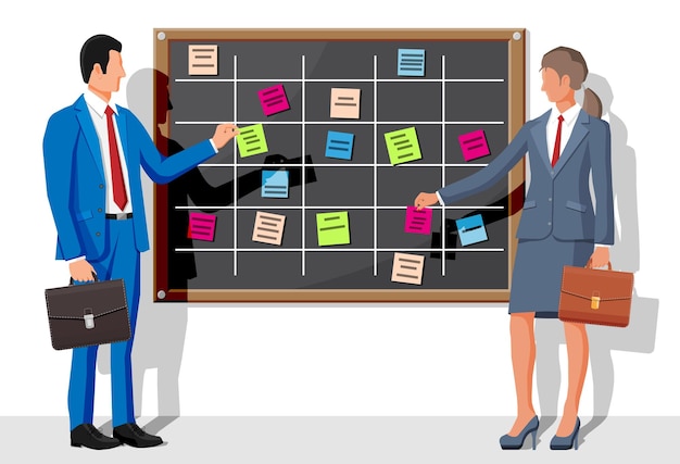 Scrum agile board gente de negocios tablón de anuncios colgado en la pared lleno de tareas en tarjetas de notas adhesivas lista de eventos para empleados agenda de trabajo del equipo de desarrollo para hacer la lista ilustración vectorial plana