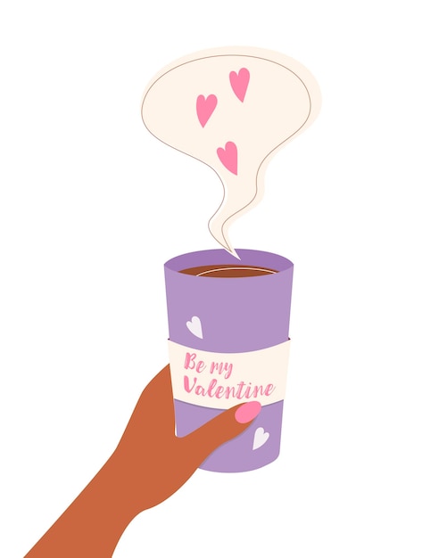 Sé mi San Valentín, taza de café violeta con inscripción y corazón.