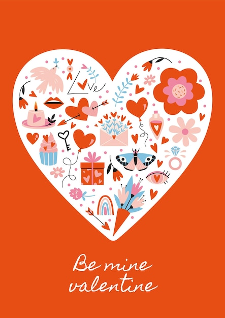 Sé mío tarjeta de felicitación de San Valentín con corazón y objetos románticos dentro del estilo de dibujos animados Moda moderna ilustración vectorial dibujada a mano plana