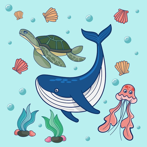 Sea Animal Ballenas, tortugas, medusas y almejas.
