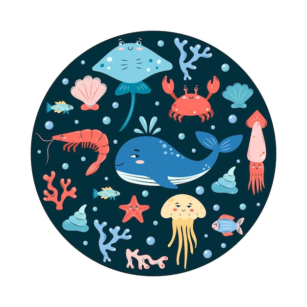 Sea life round póster en fondo oscuro conjunto de personajes de animales marinos en vector de estilo infantil