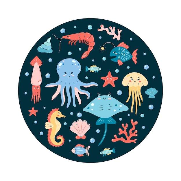 Sea life round póster en fondo oscuro conjunto de personajes de animales marinos en vector de estilo infantil