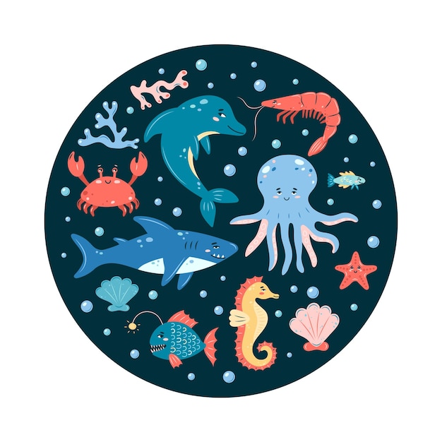 Sea life round póster en fondo oscuro conjunto de personajes de animales marinos en vector de estilo infantil