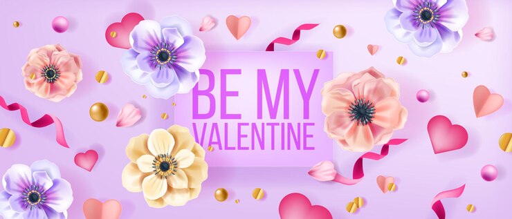 Vector sea mi fondo de vector de amor de san valentín, tarjeta de felicitación con flores de anémona, confeti, corazones, perlas. banner de vista superior floral de primavera de vacaciones románticas con pétalos, cinta.feliz día de san valentín fondo