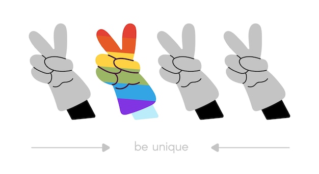 Sea único banner positivo con las manos signos de saludos felices colores gris y arco iris afiche motivacional fresco personas creativas apoyan el concepto de vector