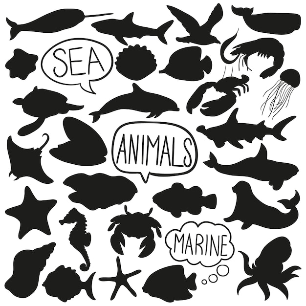 Sea Water Animals Doodle Silhouette Vector Clip Art