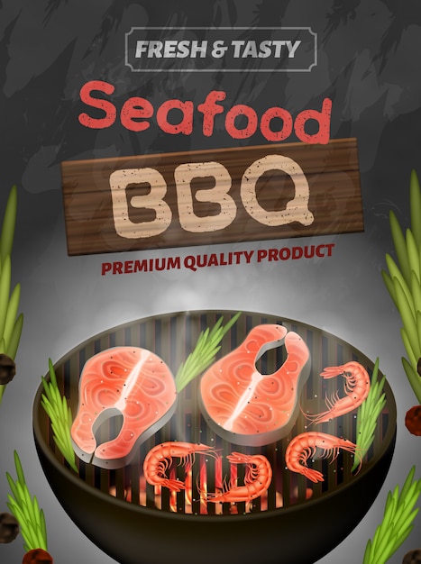 Seafood bbq banner, flyer de productos frescos y sabrosos