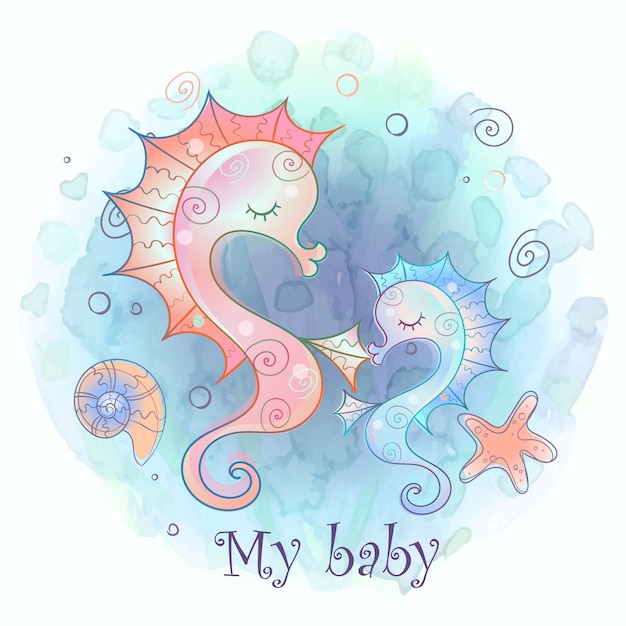 Vector seahorse mamá y bebé. baby shower acuarela.