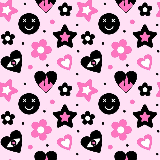 Seamless Emo Pattern Vector ilustración Fondo romántico gótico con corazones rosas y negros estrellas ojos y flores Estilo antiguo de los años 90 y 00