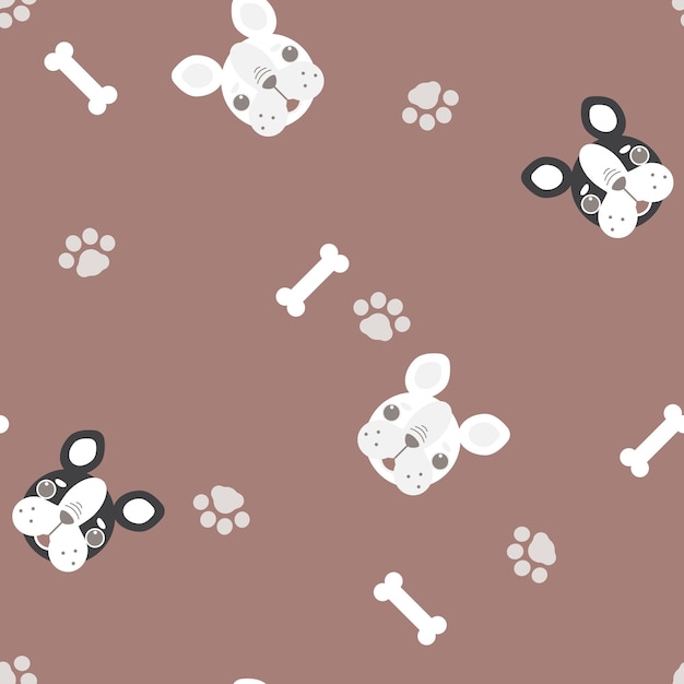 seamless, lindo, animal, mascota, bulldog francés, repetición, patrón, con, hueso, pie, impresión, en, fondo marrón