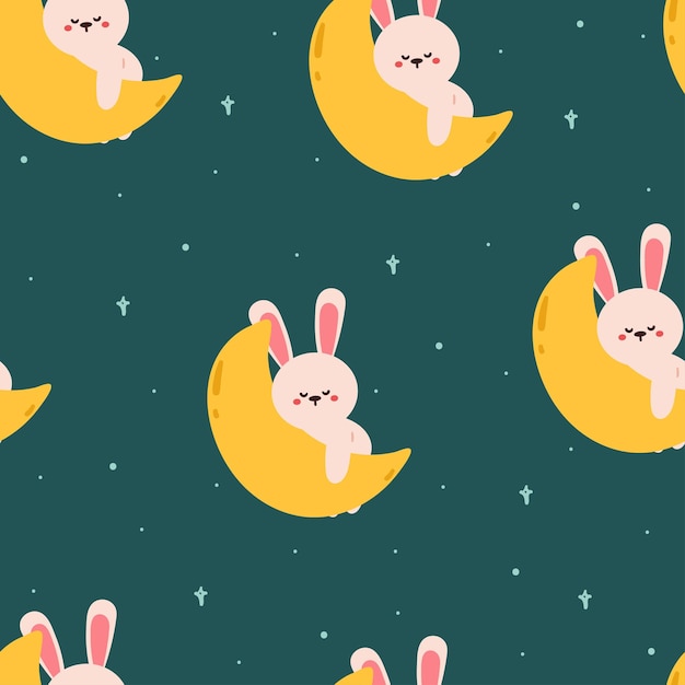 seamless, patrón, caricatura, sueño, luna, conejo, lindo, papel pintado