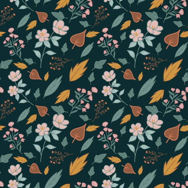 seamless, patrón floral, con, hojas, y, flores, vector, patrón, en, plano de fondo