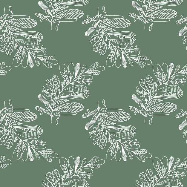 seamless, patrón, de, garabato, hojas, blanco, contorno, en, un, fondo verde