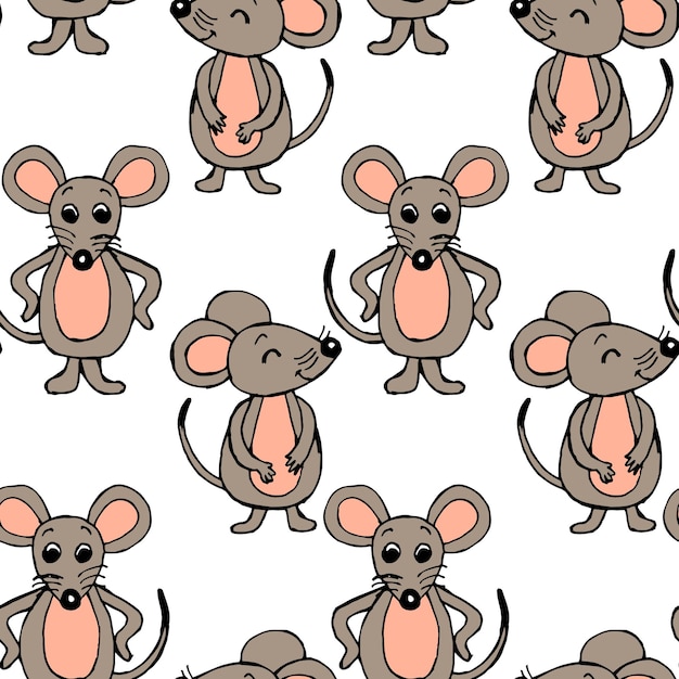 seamless, patrón, handdrawn, divertido, graypink, ratones, en, un, fondo blanco