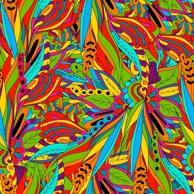 seamless, patrón, de, hojas, flores, y, bayas, floral, plano de fondo