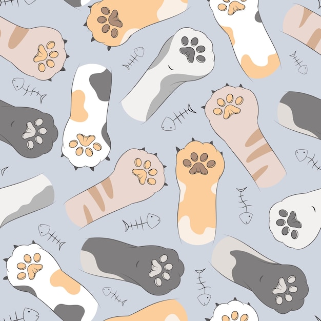 seamless, patrón, kawaii, lindo, gatos, huella, para, tarjeta, papel, plano de fondo