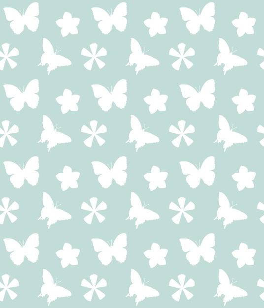 seamless, patrón, de, mariposa, y, flor, silueta