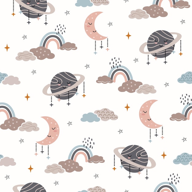 Seamless Pattern Kawaii Planet con Rainbow Clouds y Stars Design para papel tapiz prin envolvente