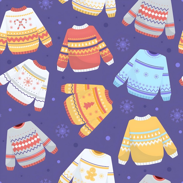 seamless pattern of christmas sweaters on purple background